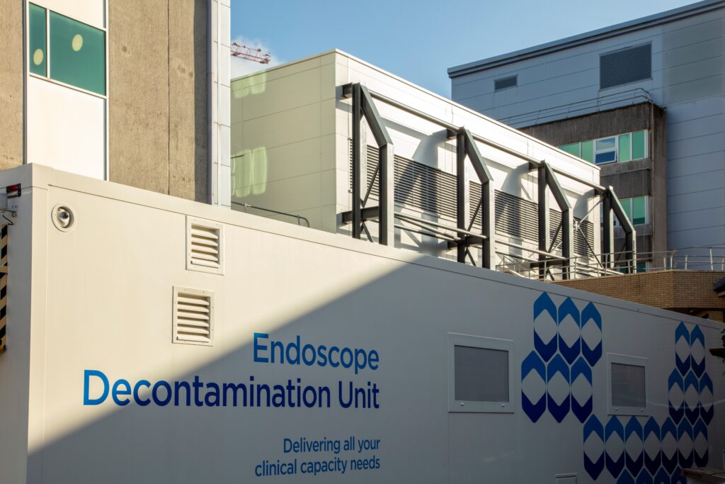 Side view of Mobile Endoscope Decontamination Unit at Prince Charles Hospital